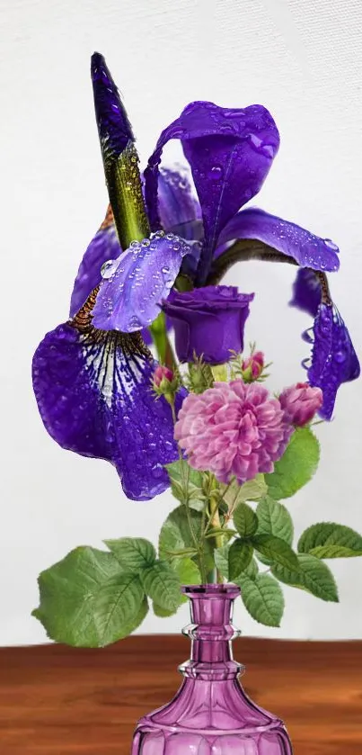 Purple iris and flowers in glass vase with dew, elegant mobile wallpaper.