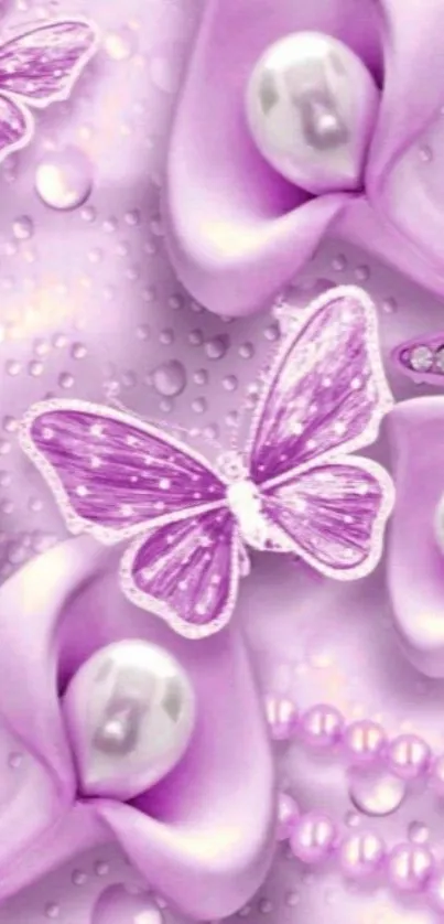 Purple butterfly and flower wallpaper with pearls.