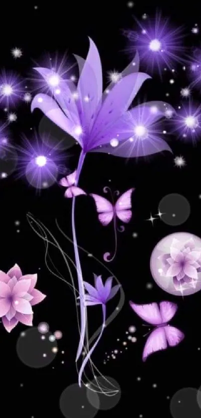 Purple floral wallpaper with butterflies on a black background.