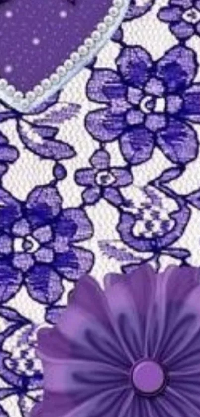 Elegant purple floral wallpaper with lace and heart design.