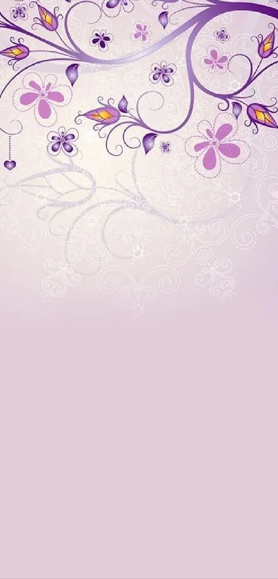 Elegant purple floral wallpaper with delicate flower designs and swirls.