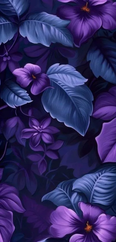 Purple floral wallpaper with leaves and flowers design.