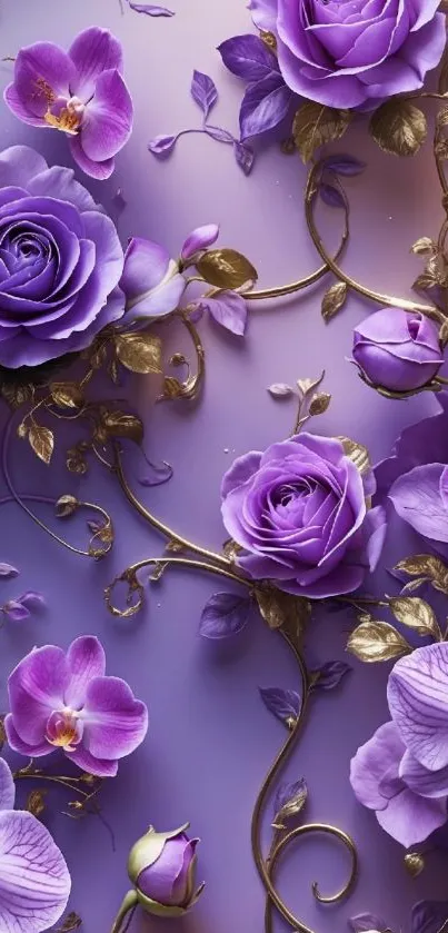 Purple floral wallpaper with roses and orchids