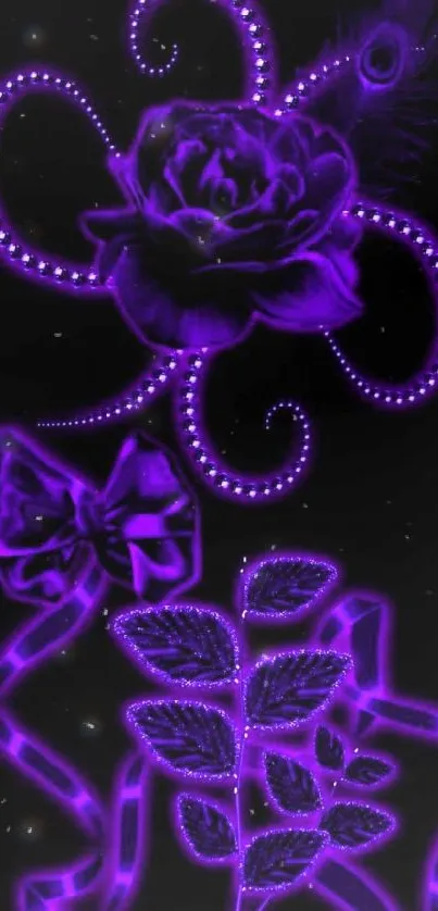 Purple floral mobile wallpaper with neon rose, bow, and leaves on dark background.