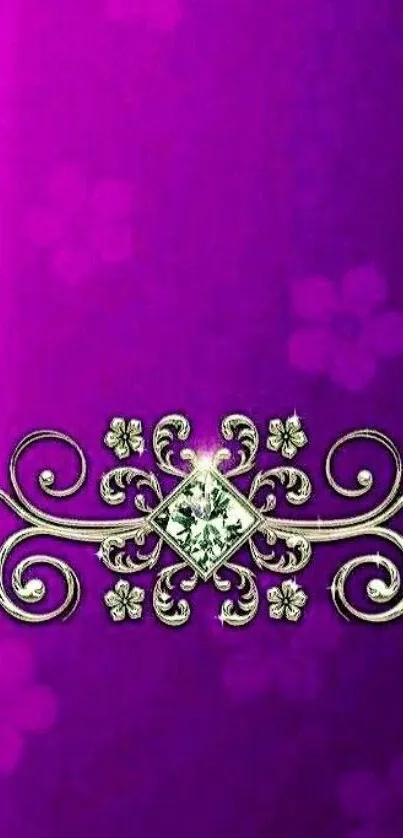 Purple wallpaper with a gold floral design.