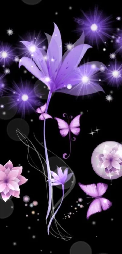 Purple floral fantasy wallpaper with butterflies on black background.