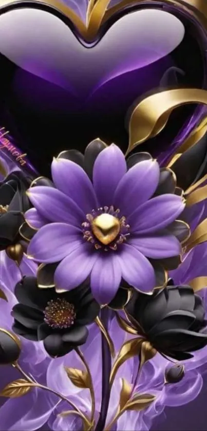 Purple heart with black and gold flowers on mobile wallpaper.