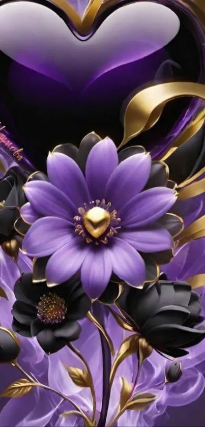 Luxurious purple floral heart wallpaper with gold and black accents.