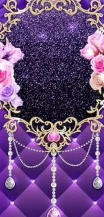 Elegant floral wallpaper with purple hues, jewels, and glitter accents.