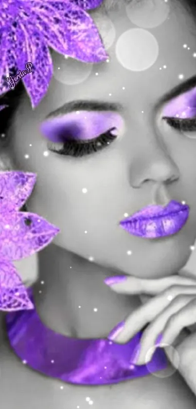 Elegant portrait with purple floral and makeup accents.