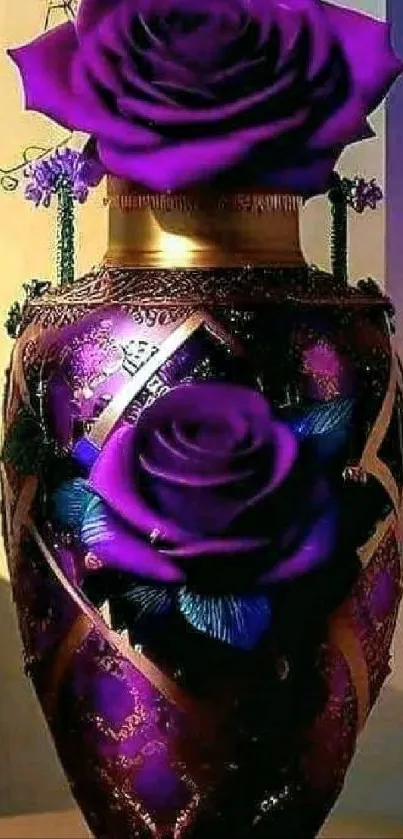 Purple rose in an ornate vase on mobile wallpaper.