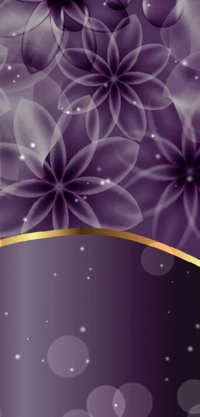 Elegant purple floral wallpaper with golden accent and translucent flowers.