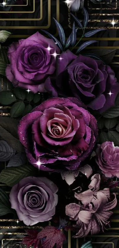 Elegant purple roses wallpaper with geometric gold patterns.