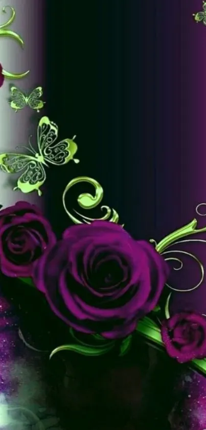 Elegant purple floral wallpaper with green vines and butterflies.