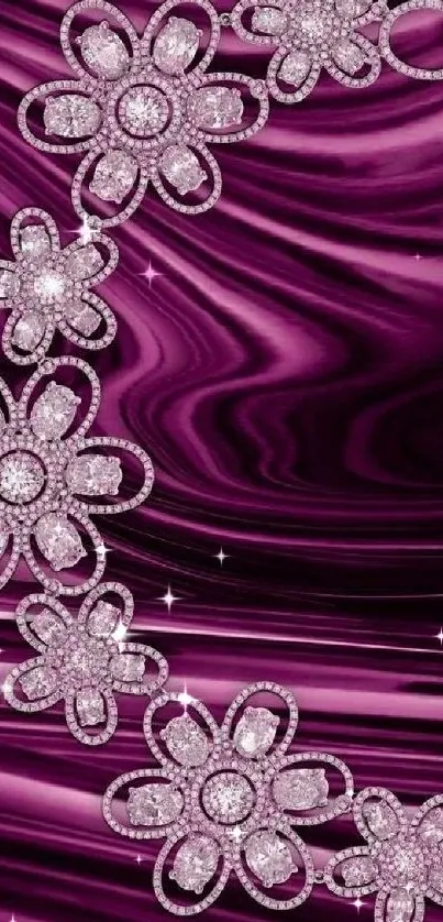 Elegant floral mobile wallpaper with jeweled flowers on a purple background.