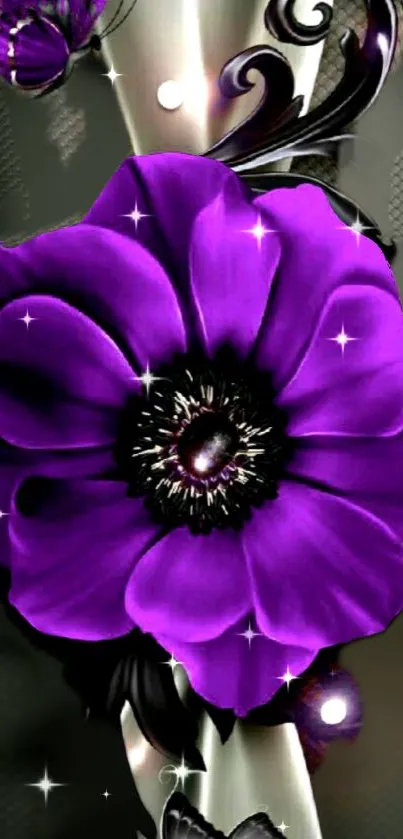 Elegant mobile phone wallpaper with a vivid purple flower and glossy black swirls.