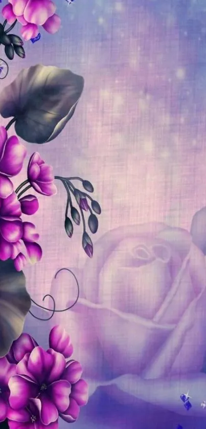 Elegant purple floral wallpaper with delicate blossoms and seamless background.