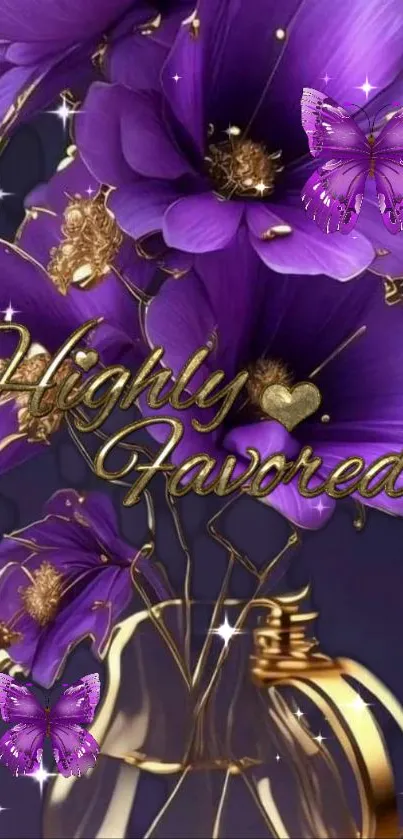 Purple floral wallpaper with golden accents and butterflies.