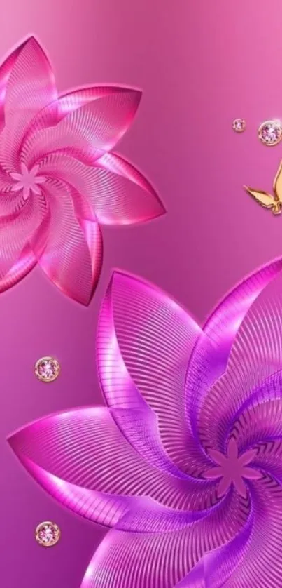 Elegant purple floral wallpaper with golden butterflies.