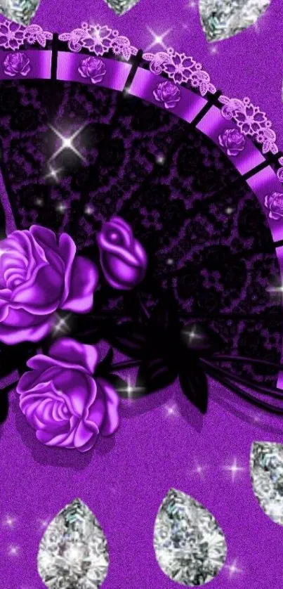 Elegant purple wallpaper with roses and gem details.