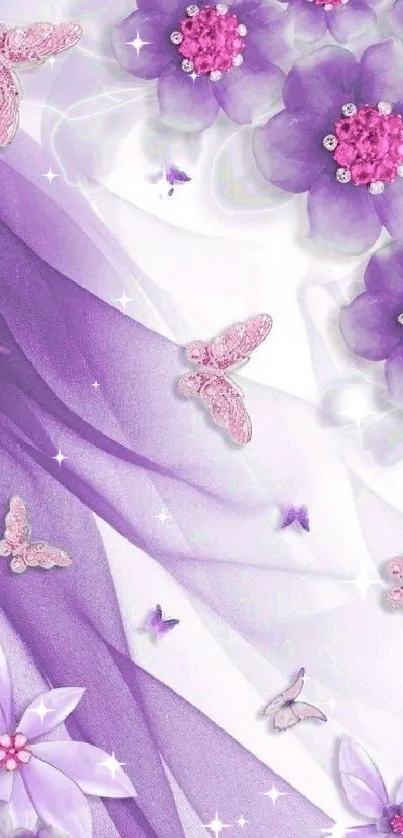 Purple floral wallpaper with butterflies.