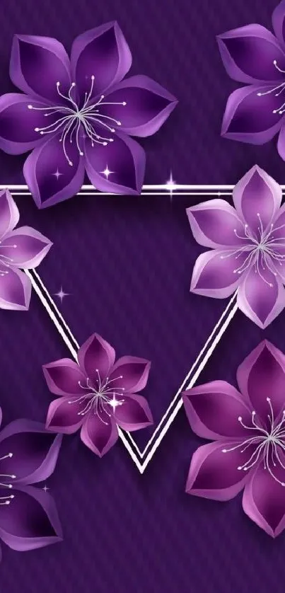 Elegant purple floral wallpaper with geometric design.