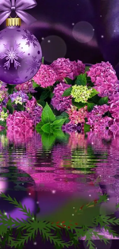 Purple floral ornament with hydrangeas and reflections.