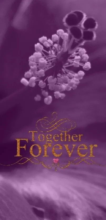 Purple hibiscus floral wallpaper with 'Together Forever' text.