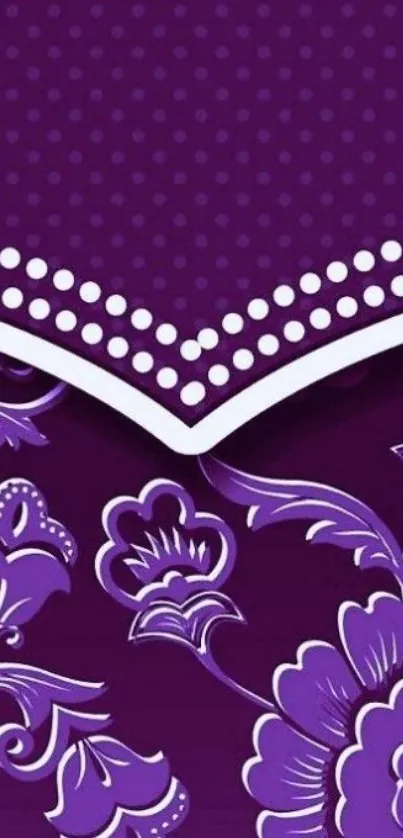 Elegant purple floral wallpaper with intricate patterns and dots.