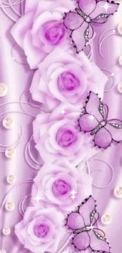 Elegant lavender wallpaper with roses and butterflies.