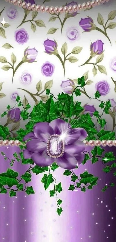 Elegant purple floral wallpaper with lush greenery and gradient backdrop.