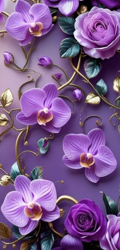 Purple floral wallpaper with roses and orchids.