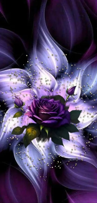 Elegant mobile wallpaper with a purple flower design and swirling dark patterns.