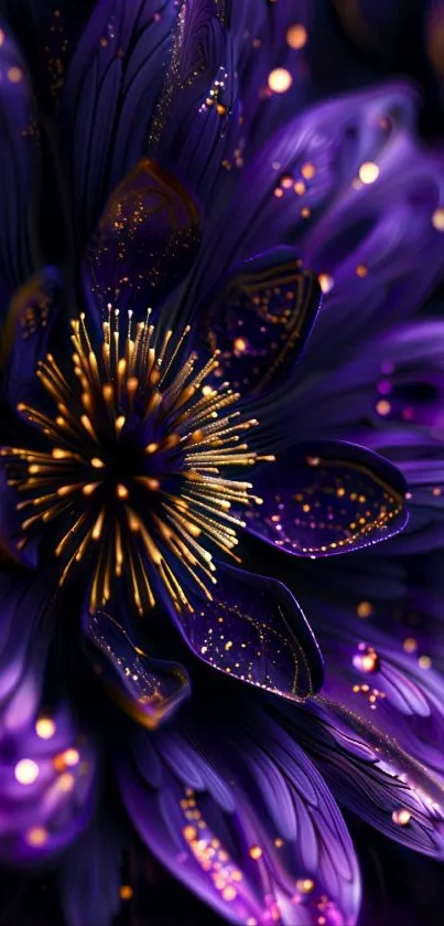 Elegant purple flower with golden details on a mobile wallpaper.
