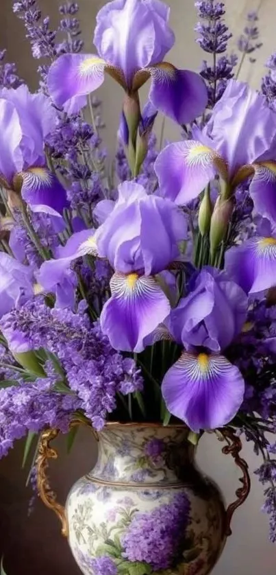 Purple flowers in a vintage vase creating an elegant bouquet.