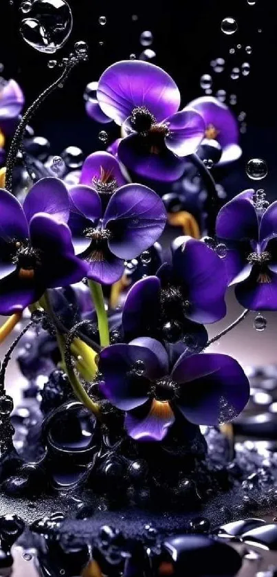 Beautiful purple flowers with water droplets on a dark background.