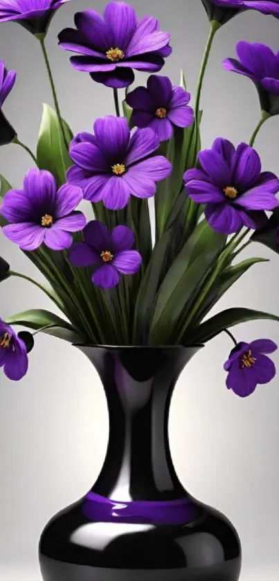 Purple flowers in a glossy black vase with green leaves.