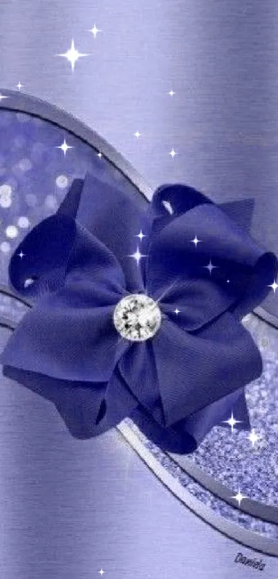 Elegant purple wallpaper with ribbon flower and sparkles.