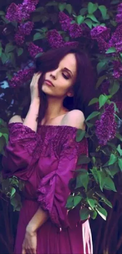 Woman in purple dress with lilac flowers.