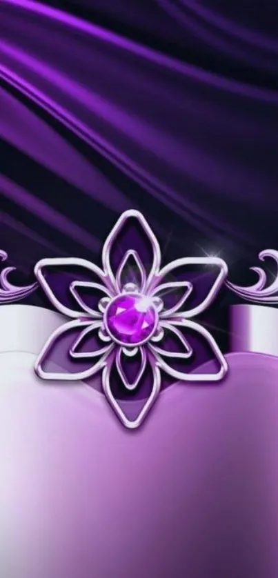 Elegant purple wallpaper with metallic flower design.