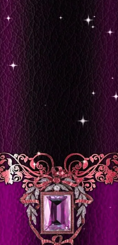 Purple wallpaper with a gemstone and floral design.