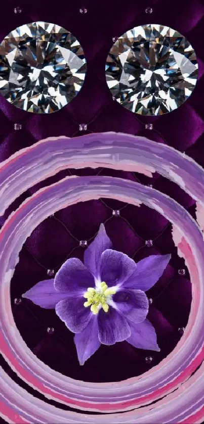 Elegant purple wallpaper with gems and a central flower design.