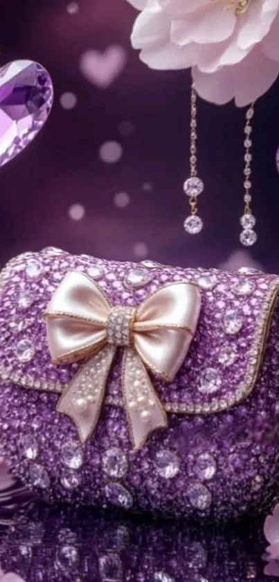 Elegant purple gemstone clutch with pearls and bow.