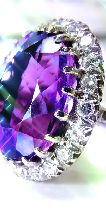 Purple gemstone ring with sparkling diamonds in elegant design.