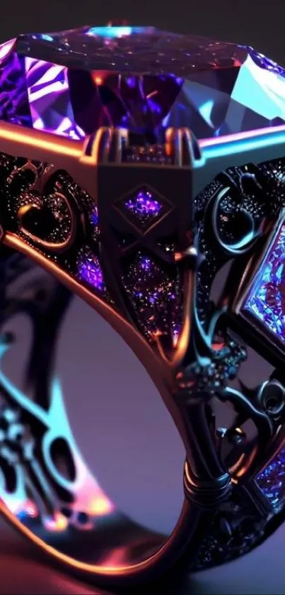 Elegant purple gemstone ring with intricate metalwork on a luxurious background.