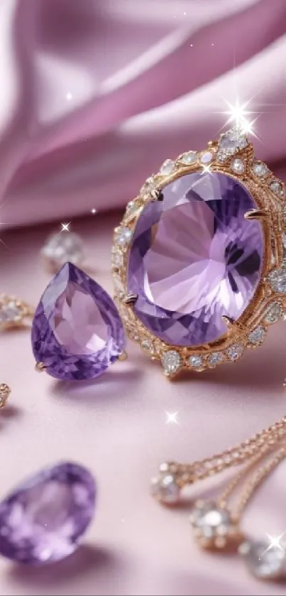 Purple gemstone jewelry on satin fabric background