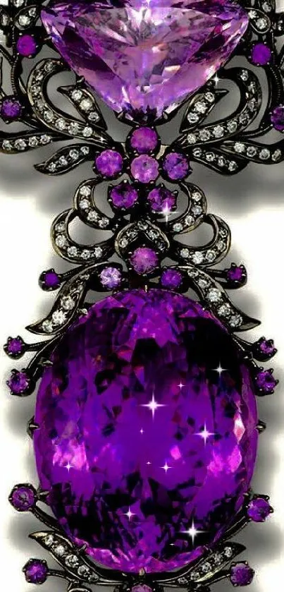 Purple gemstone and floral silver design on mobile wallpaper.