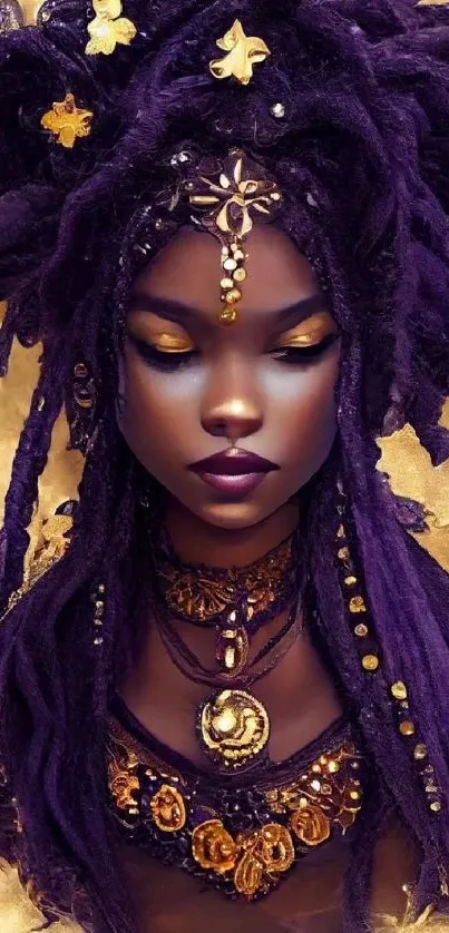 Regal goddess with purple hair and golden details on a mobile wallpaper.