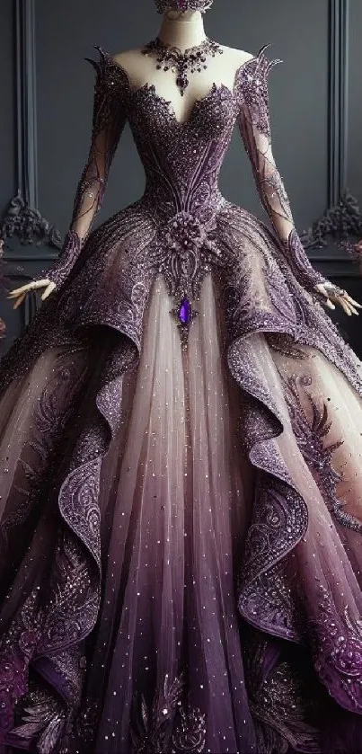 Elegant purple gown with detailed lace design displayed as wallpaper.