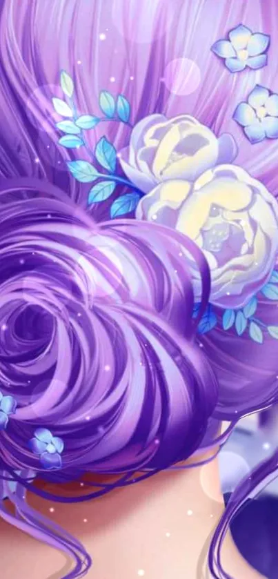 Elegant purple hair art with floral design.